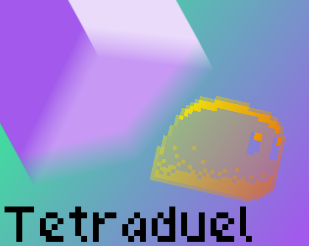 A slime running away from a fast-moving tetris piece with the text "Tetraduel"